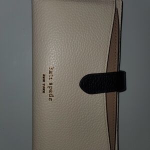 kate spade Cream and Black Leather Continental Wallet with Gold Logo